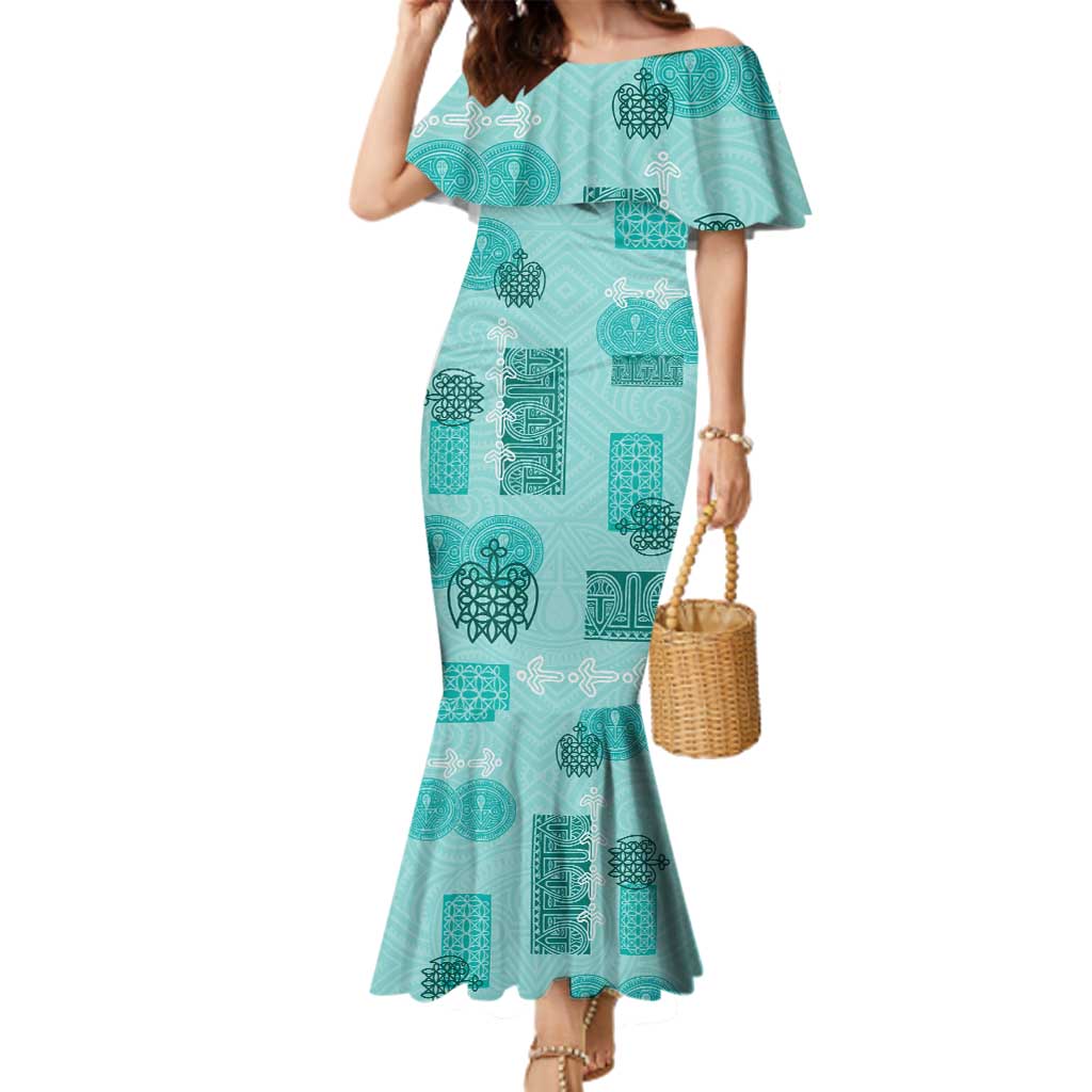 Vintage Lapita Family Matching Mermaid Dress and Hawaiian Shirt Iconic Double Face Pattern Turquoise LT05 Mom's Dress Turquoise - Polynesian Pride