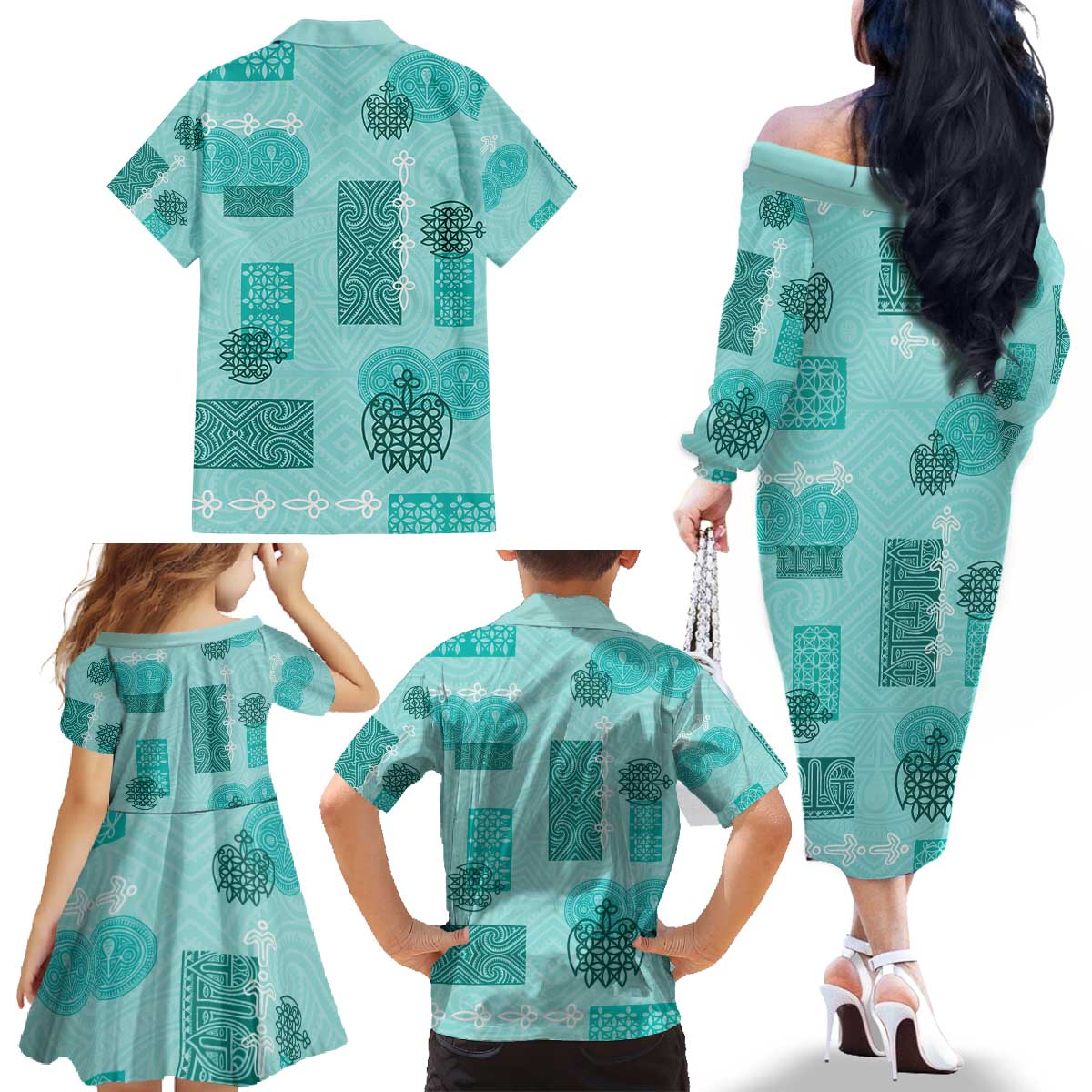 Vintage Lapita Family Matching Off The Shoulder Long Sleeve Dress and Hawaiian Shirt Iconic Double Face Pattern Turquoise LT05