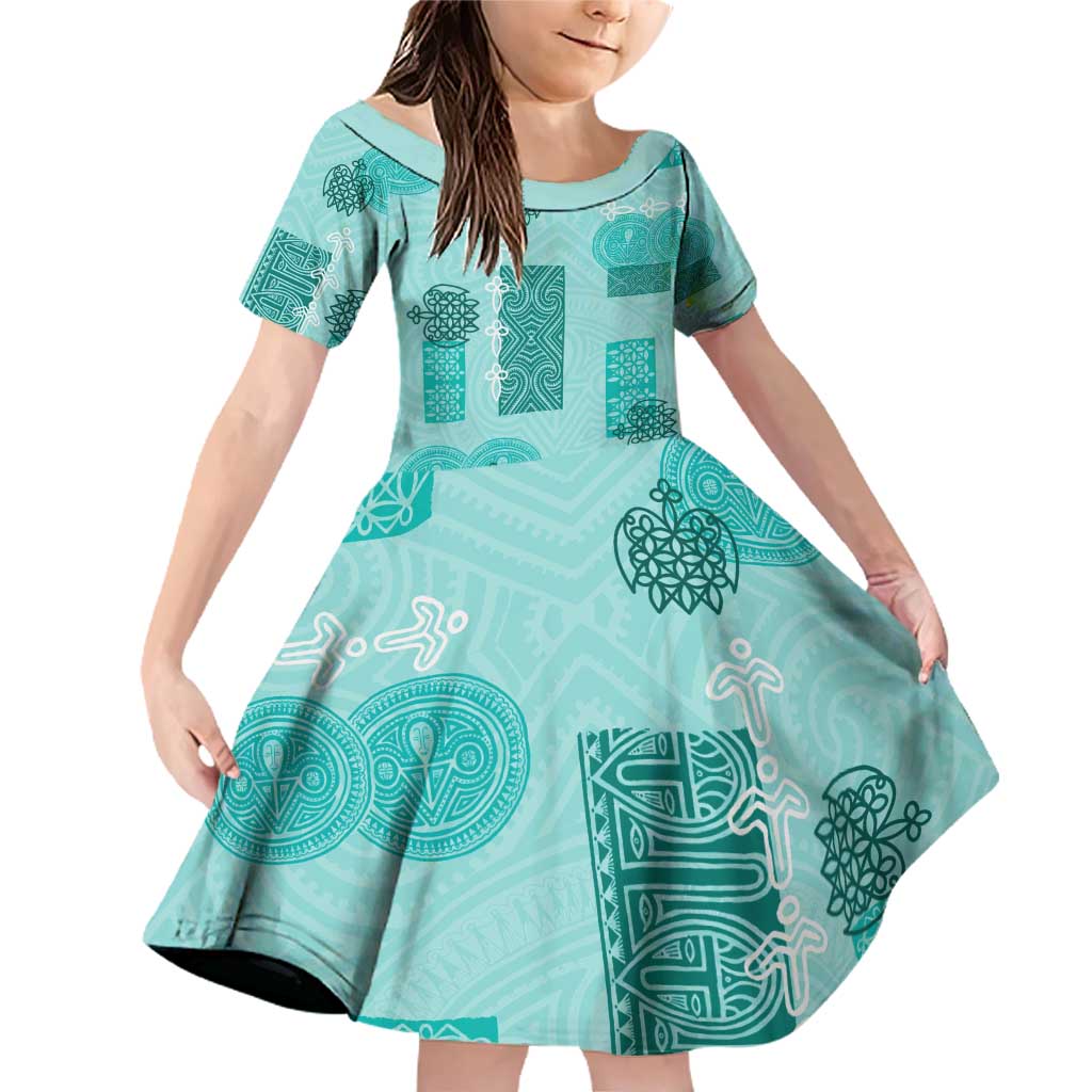 Vintage Lapita Family Matching Off Shoulder Short Dress and Hawaiian Shirt Iconic Double Face Pattern Turquoise LT05