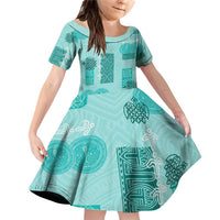 Vintage Lapita Family Matching Off Shoulder Short Dress and Hawaiian Shirt Iconic Double Face Pattern Turquoise LT05