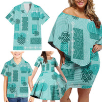 Vintage Lapita Family Matching Off Shoulder Short Dress and Hawaiian Shirt Iconic Double Face Pattern Turquoise LT05