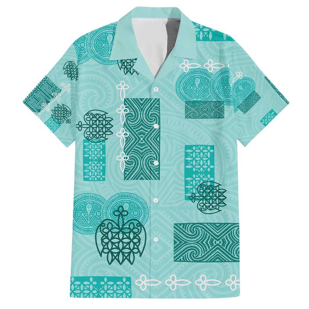 Vintage Lapita Family Matching Off Shoulder Short Dress and Hawaiian Shirt Iconic Double Face Pattern Turquoise LT05