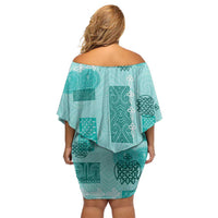 Vintage Lapita Family Matching Off Shoulder Short Dress and Hawaiian Shirt Iconic Double Face Pattern Turquoise LT05