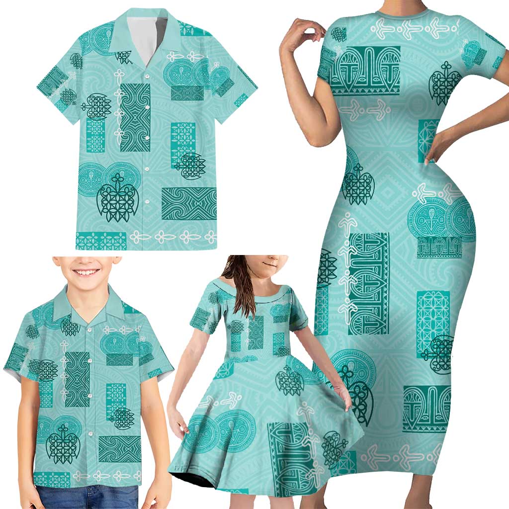 Vintage Lapita Family Matching Short Sleeve Bodycon Dress and Hawaiian Shirt Iconic Double Face Pattern Turquoise LT05 - Polynesian Pride
