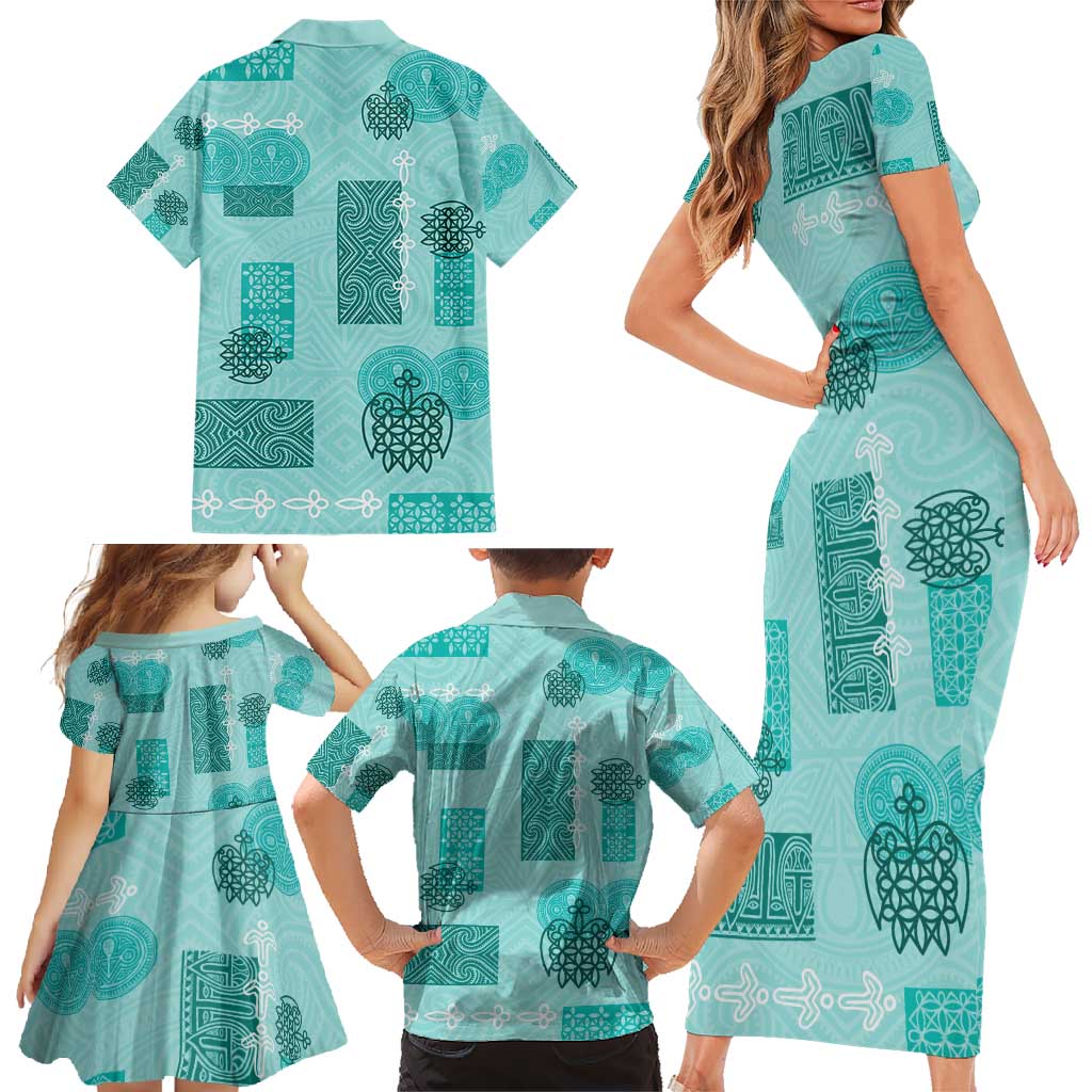 Vintage Lapita Family Matching Short Sleeve Bodycon Dress and Hawaiian Shirt Iconic Double Face Pattern Turquoise LT05 - Polynesian Pride