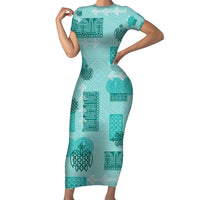 Vintage Lapita Family Matching Short Sleeve Bodycon Dress and Hawaiian Shirt Iconic Double Face Pattern Turquoise LT05 Mom's Dress Turquoise - Polynesian Pride