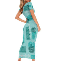 Vintage Lapita Family Matching Short Sleeve Bodycon Dress and Hawaiian Shirt Iconic Double Face Pattern Turquoise LT05 - Polynesian Pride