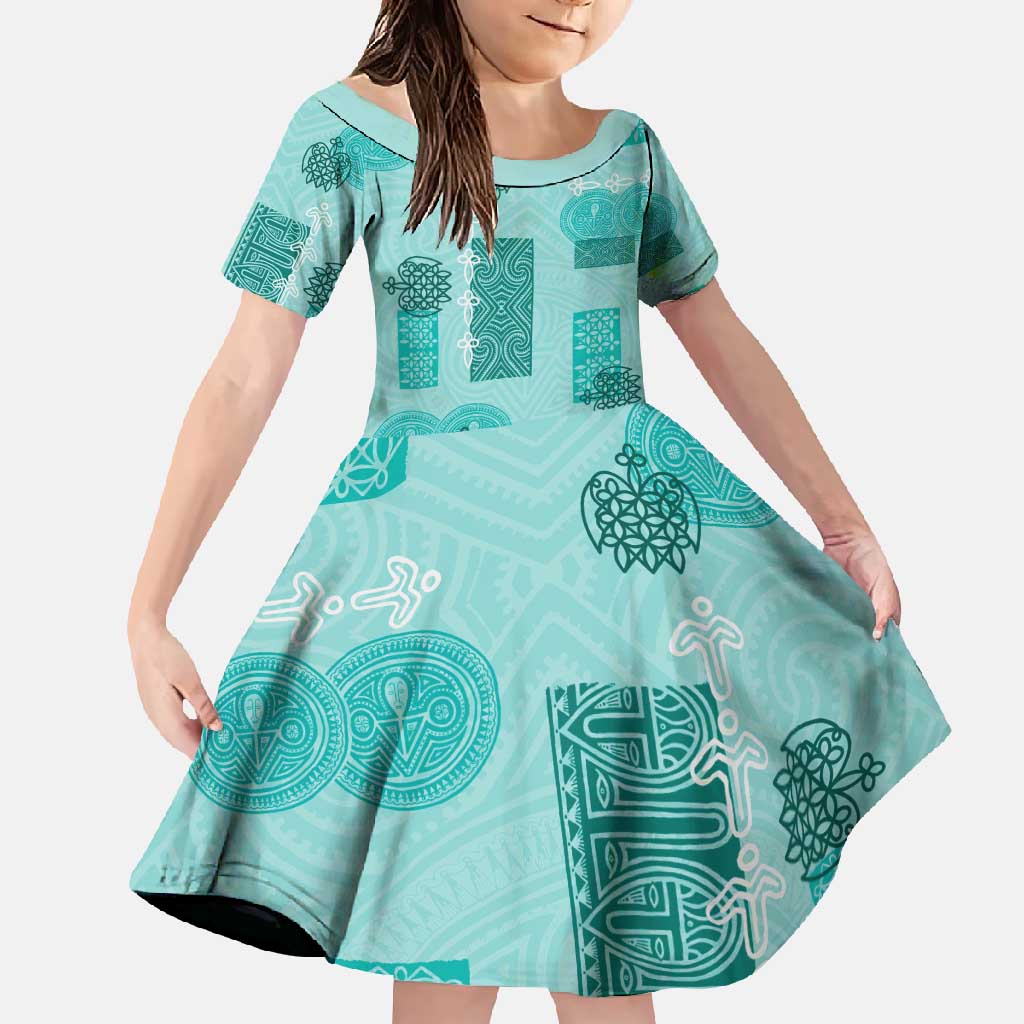 Vintage Lapita Family Matching Summer Maxi Dress and Hawaiian Shirt Iconic Double Face Pattern Turquoise LT05 Daughter's Dress Turquoise - Polynesian Pride