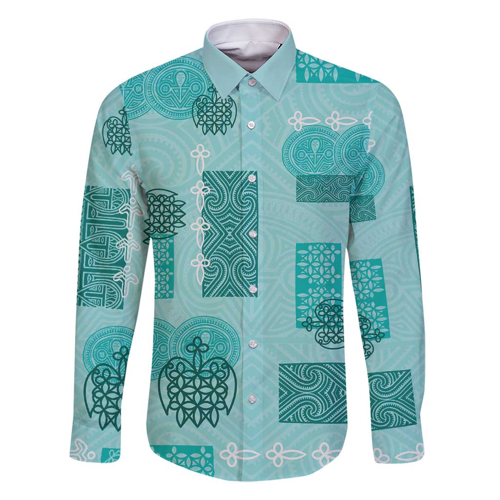 Vintage Lapita Family Matching Tank Maxi Dress and Hawaiian Shirt Iconic Double Face Pattern Turquoise LT05 Dad's Shirt - Long Sleeve Turquoise - Polynesian Pride