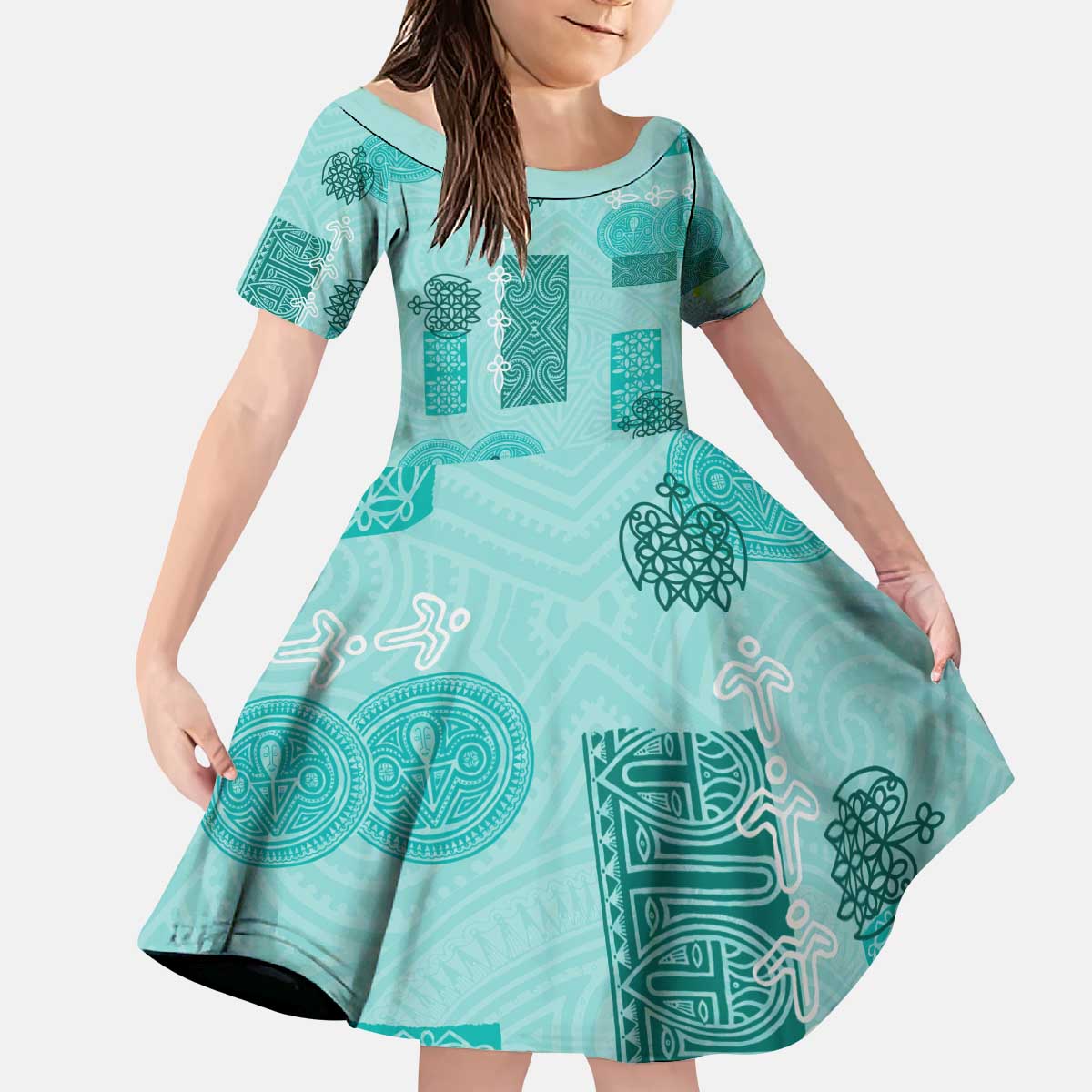 Vintage Lapita Kid Short Sleeve Dress Iconic Double Face Pattern Turquoise LT05