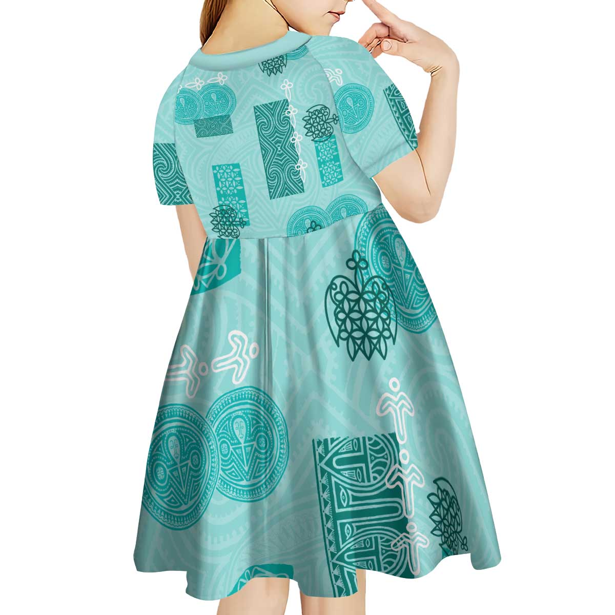 Vintage Lapita Kid Short Sleeve Dress Iconic Double Face Pattern Turquoise LT05