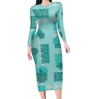 Vintage Lapita Long Sleeve Bodycon Dress Iconic Double Face Pattern Turquoise LT05