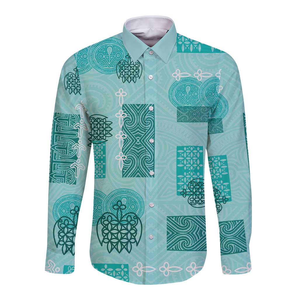 Vintage Lapita Long Sleeve Button Shirt Iconic Double Face Pattern Turquoise LT05 Unisex Turquoise - Polynesian Pride