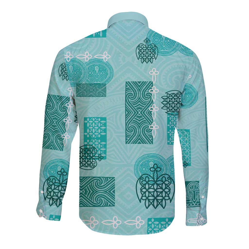Vintage Lapita Long Sleeve Button Shirt Iconic Double Face Pattern Turquoise LT05 - Polynesian Pride