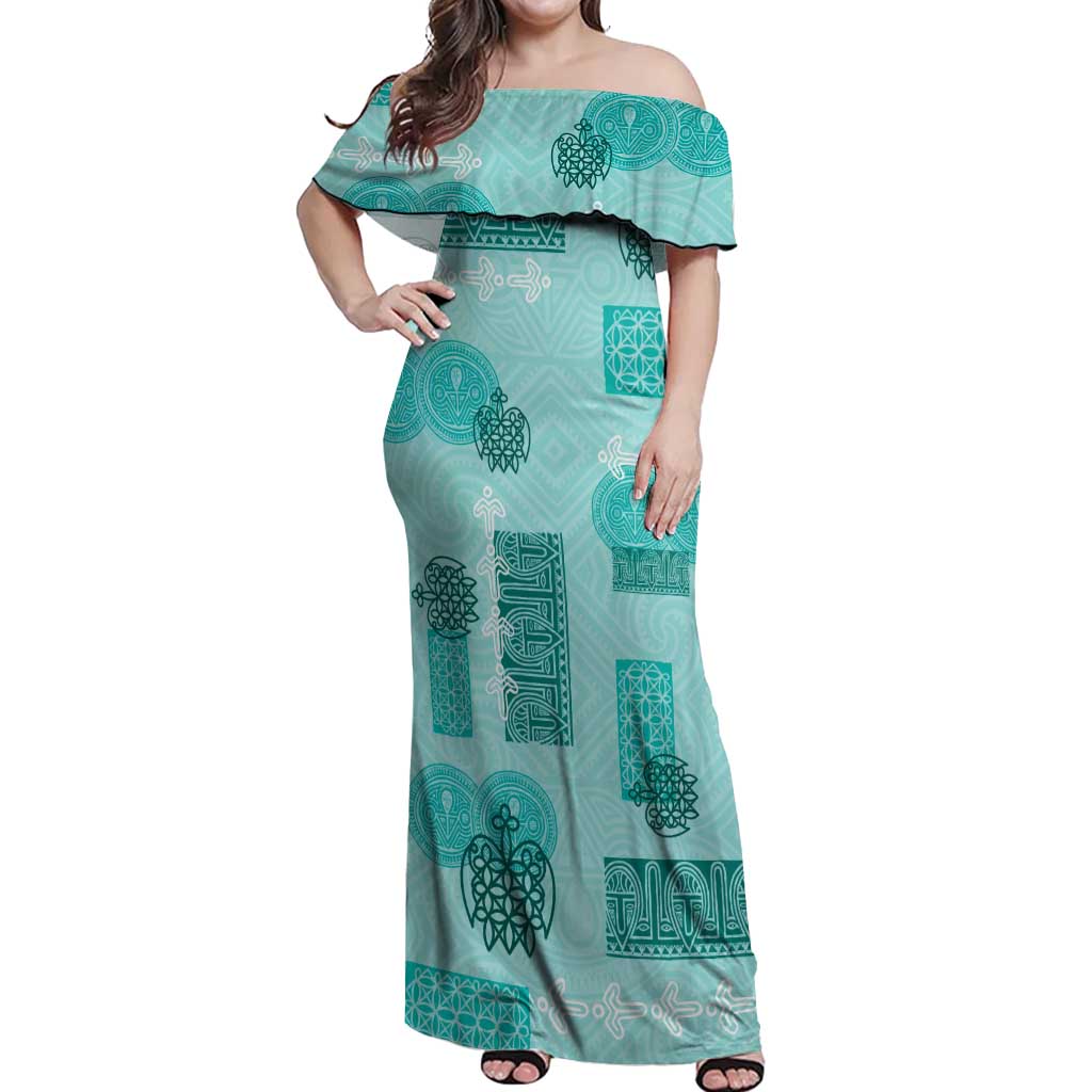 Vintage Lapita Off Shoulder Maxi Dress Iconic Double Face Pattern Turquoise LT05