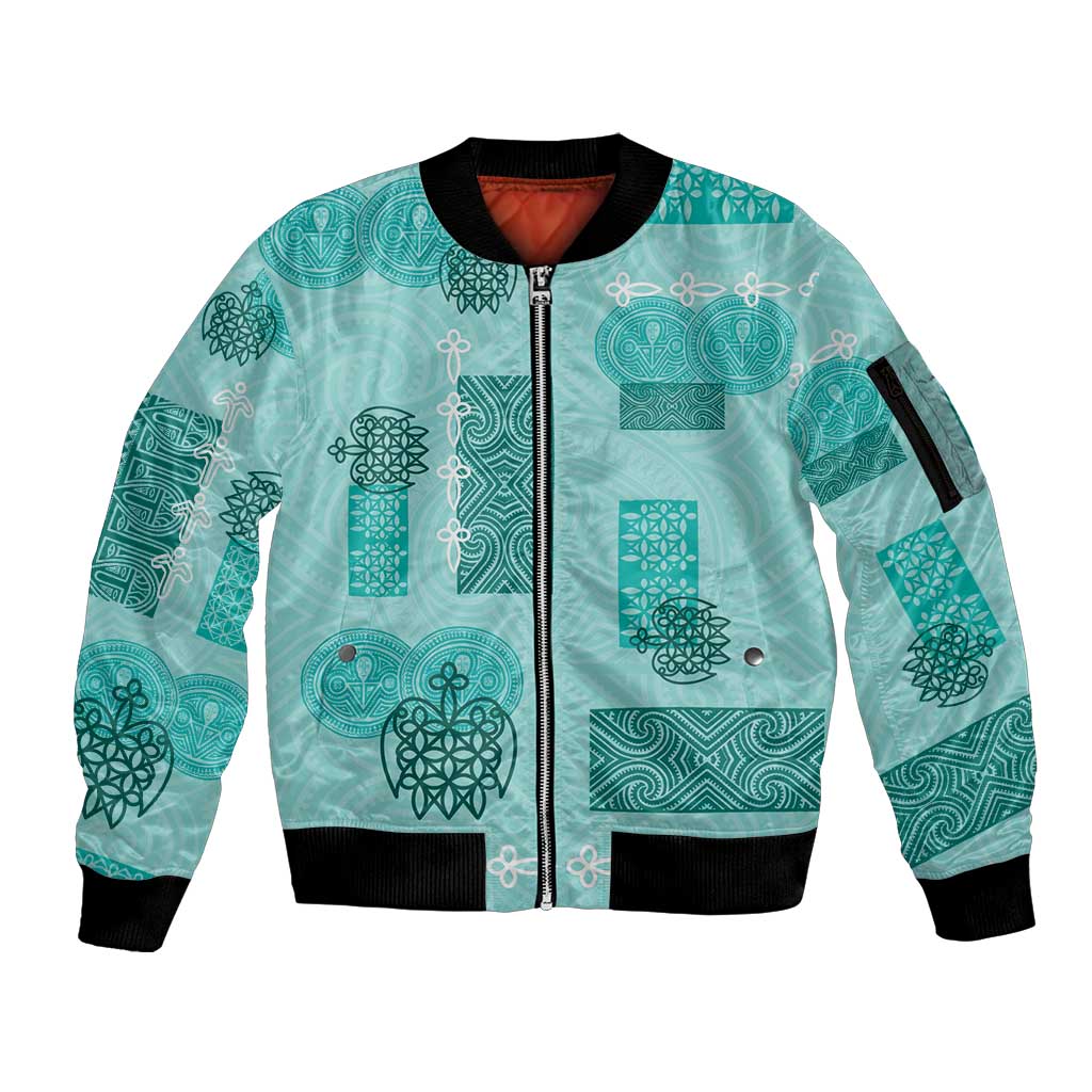 Vintage Lapita Sleeve Zip Bomber Jacket Iconic Double Face Pattern Turquoise LT05 Unisex Turquoise - Polynesian Pride
