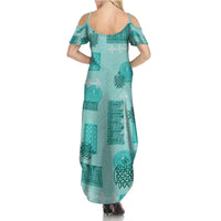 Vintage Lapita Summer Maxi Dress Iconic Double Face Pattern Turquoise LT05