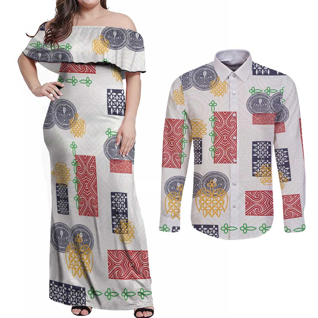 Vintage Lapita Couples Matching Off Shoulder Maxi Dress and Long Sleeve Button Shirt Iconic Double Face Pattern