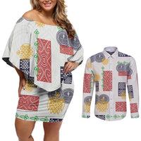 Vintage Lapita Couples Matching Off Shoulder Short Dress and Long Sleeve Button Shirt Iconic Double Face Pattern