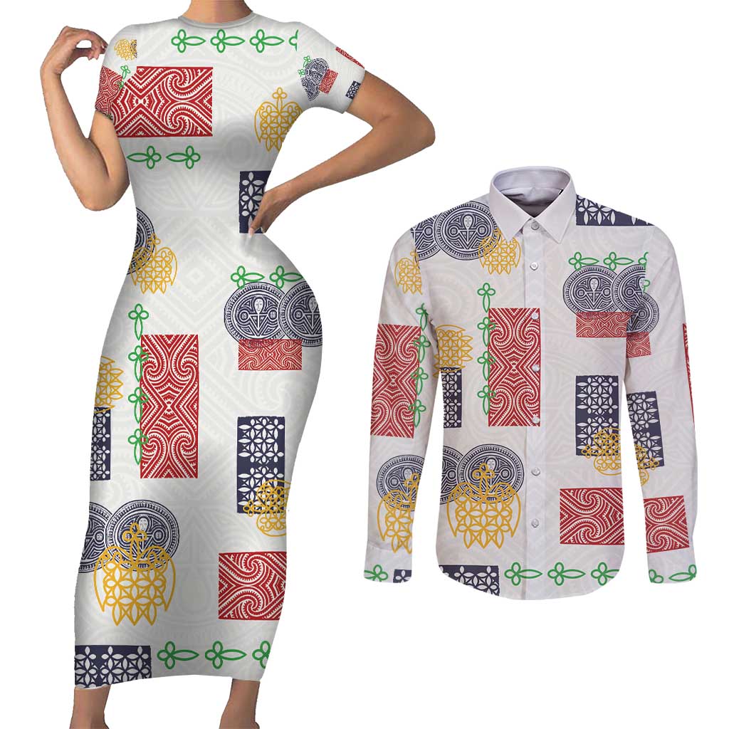 Vintage Lapita Couples Matching Short Sleeve Bodycon Dress and Long Sleeve Button Shirt Iconic Double Face Pattern