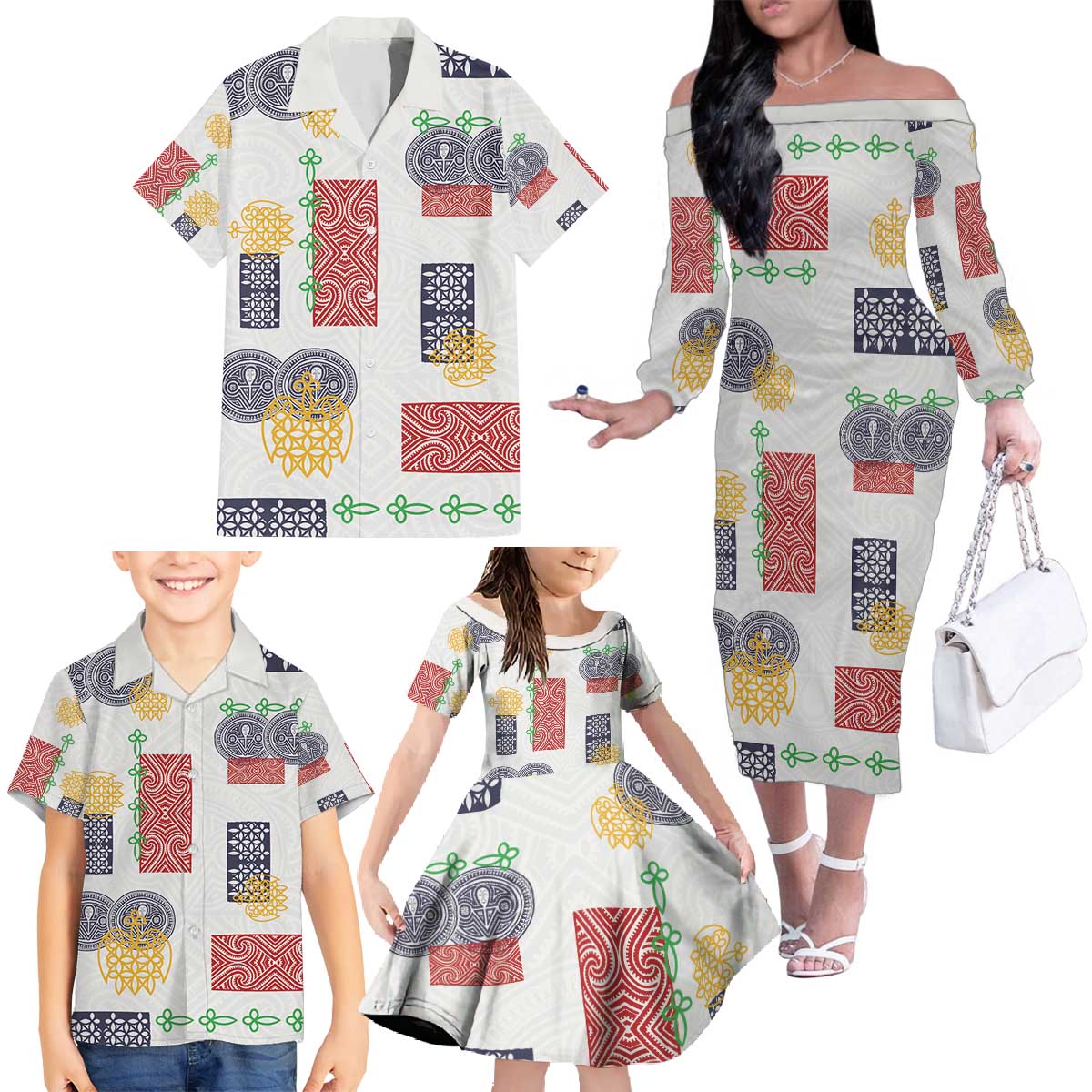 Vintage Lapita Family Matching Off The Shoulder Long Sleeve Dress and Hawaiian Shirt Iconic Double Face Pattern