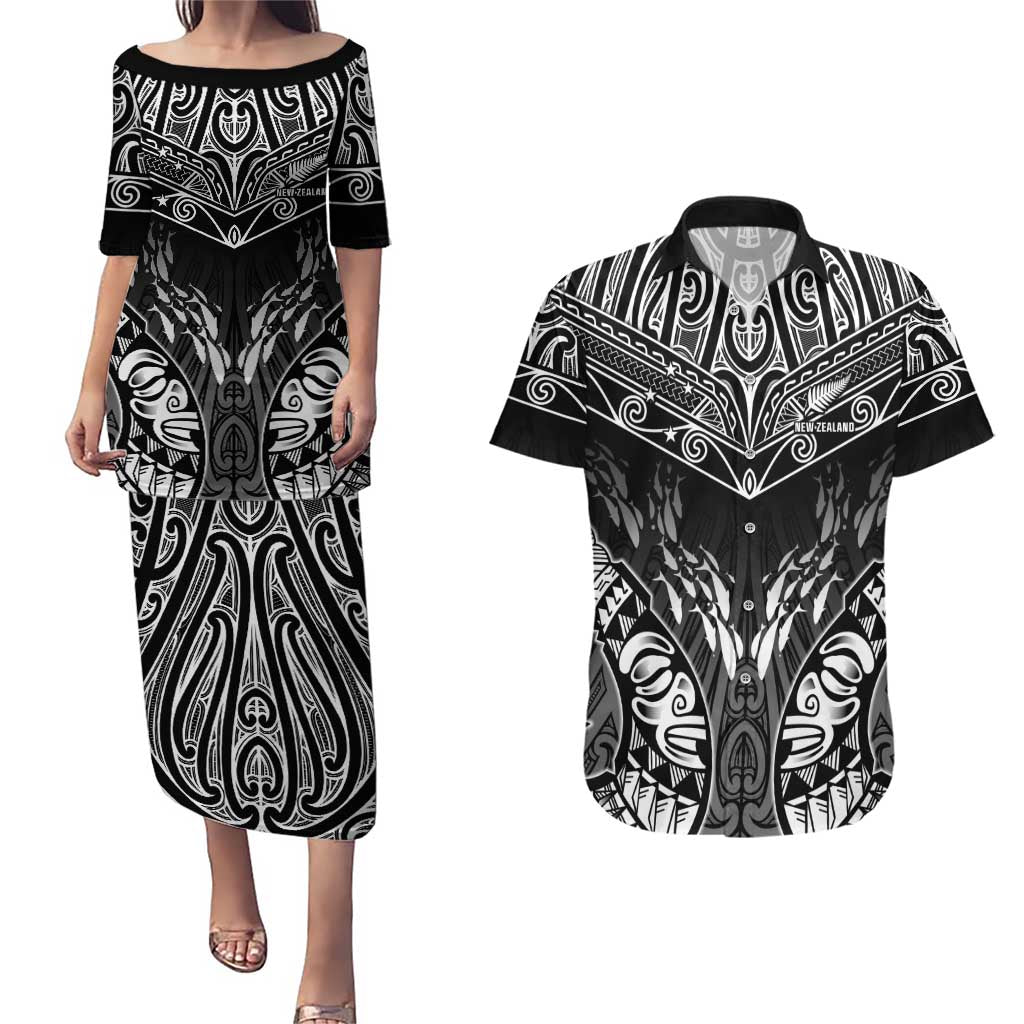 Custom New Zealand Fishing Couples Matching Puletasi and Hawaiian Shirt Aotearoa Maori Koru - Polynesian Pride