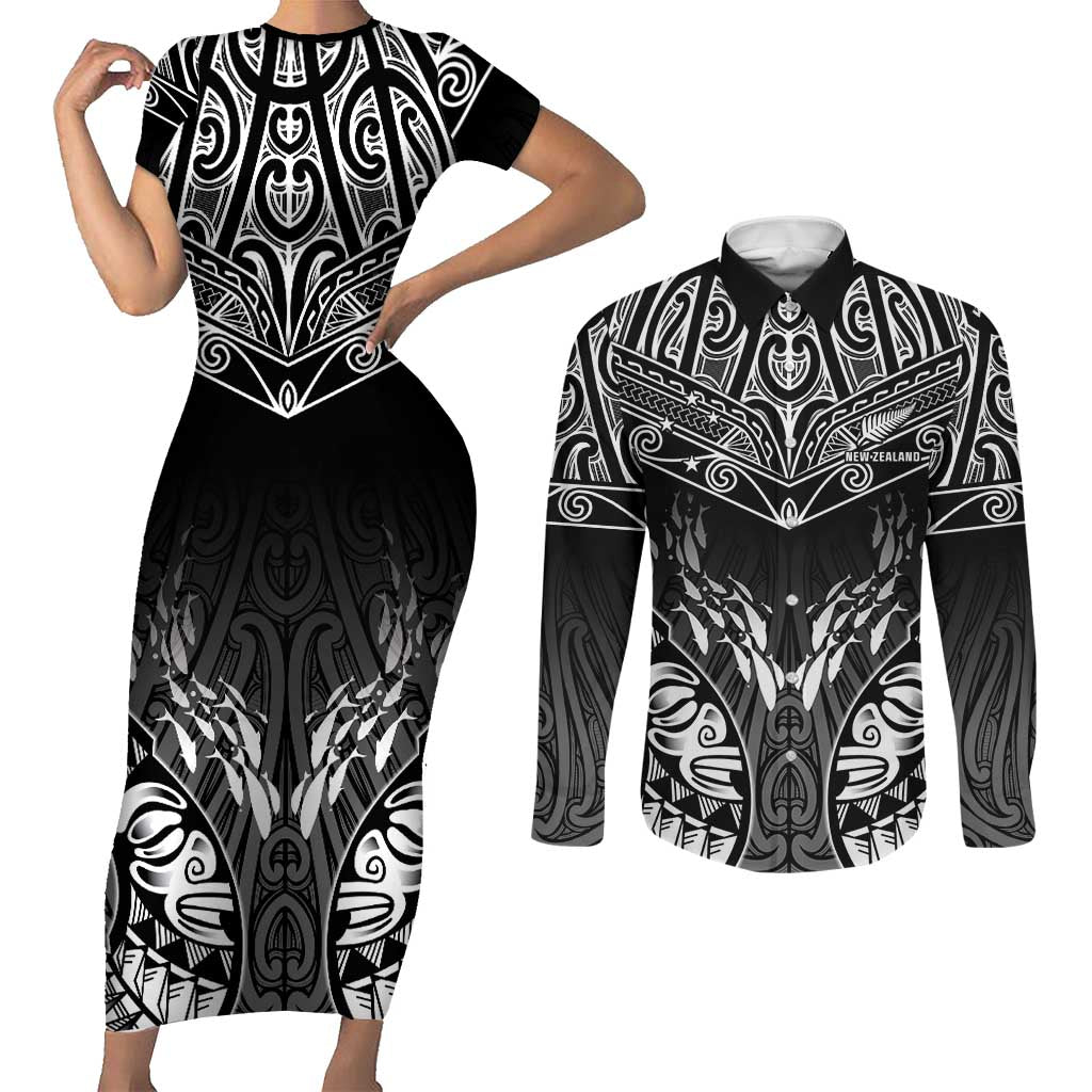 Custom New Zealand Fishing Couples Matching Short Sleeve Bodycon Dress and Long Sleeve Button Shirt Aotearoa Maori Koru - Polynesian Pride