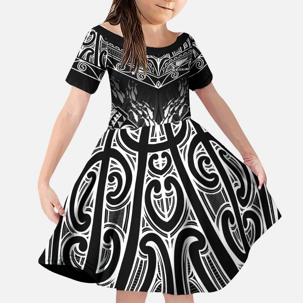 Custom New Zealand Fishing Family Matching Puletasi and Hawaiian Shirt Aotearoa Maori Koru LT05 Daughter's Dress Black - Polynesian Pride