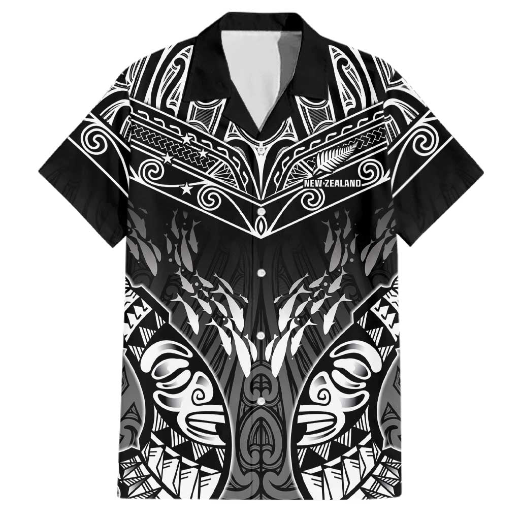 Custom New Zealand Fishing Family Matching Puletasi and Hawaiian Shirt Aotearoa Maori Koru LT05 Dad's Shirt - Short Sleeve Black - Polynesian Pride