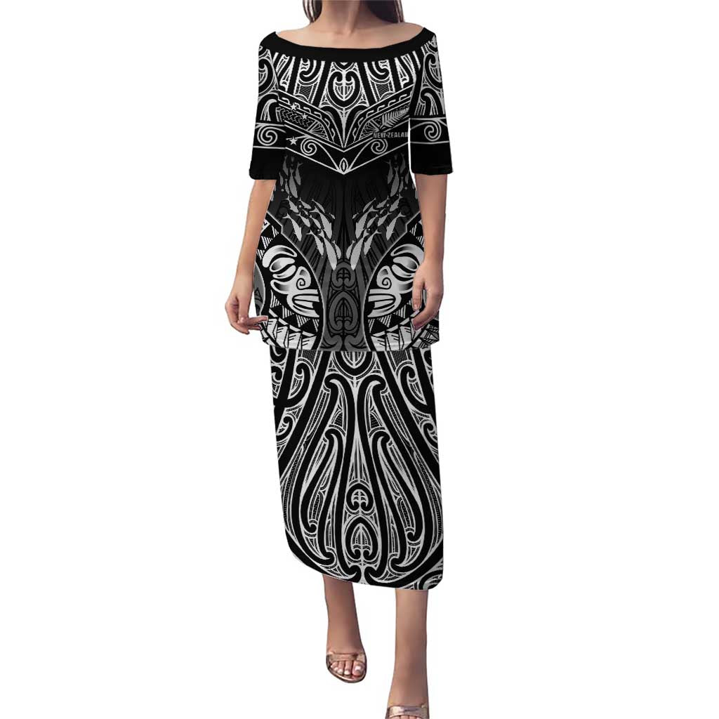 Custom New Zealand Fishing Family Matching Puletasi and Hawaiian Shirt Aotearoa Maori Koru LT05 Mom's Dress Black - Polynesian Pride