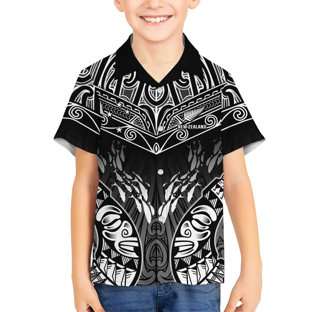 Custom New Zealand Fishing Family Matching Puletasi and Hawaiian Shirt Aotearoa Maori Koru LT05 Son's Shirt Black - Polynesian Pride