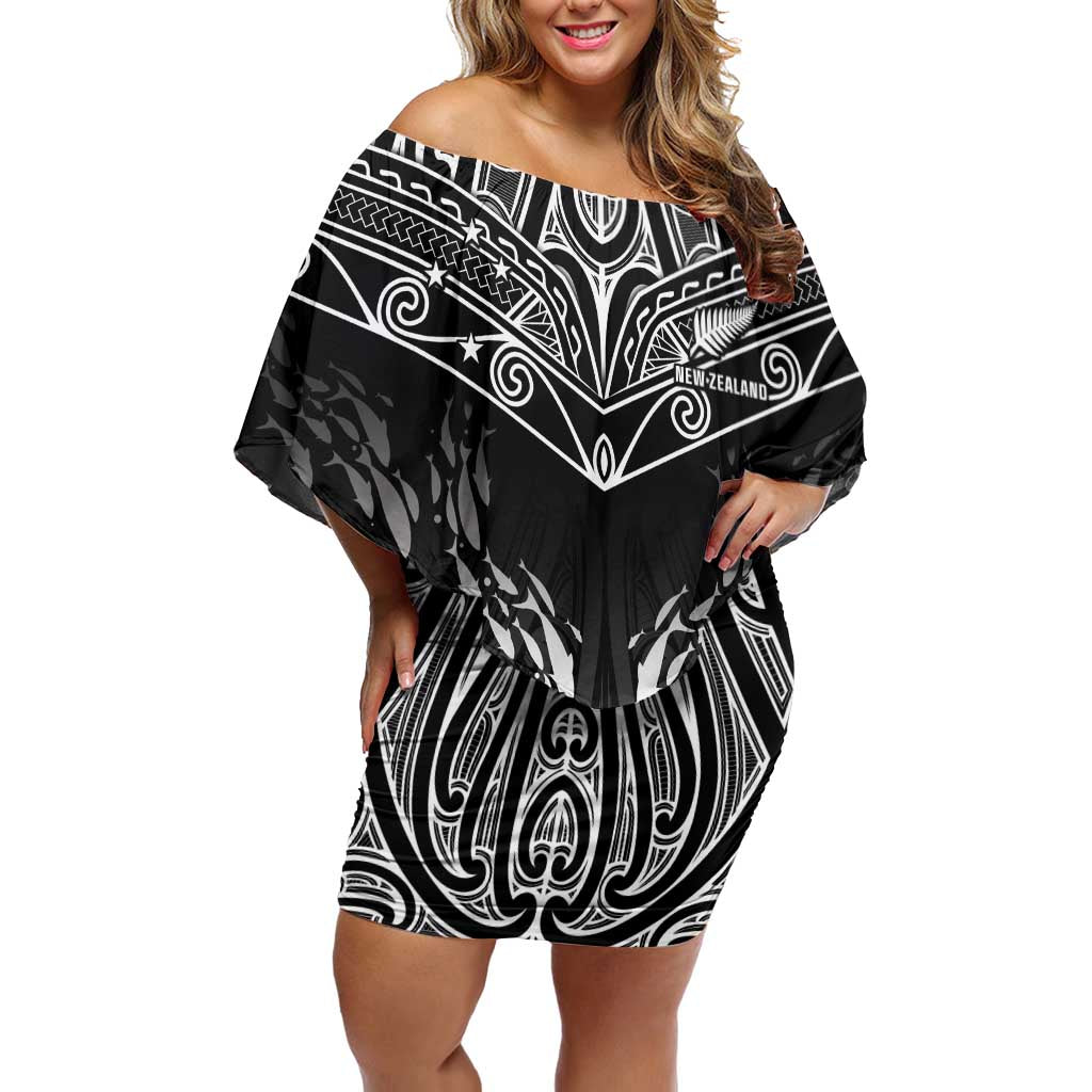 Custom New Zealand Fishing Off Shoulder Short Dress Aotearoa Maori Koru LT05 Women Black - Polynesian Pride