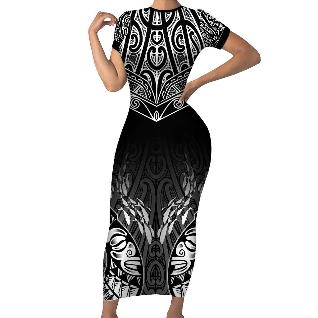 Custom New Zealand Fishing Short Sleeve Bodycon Dress Aotearoa Maori Koru - Polynesian Pride