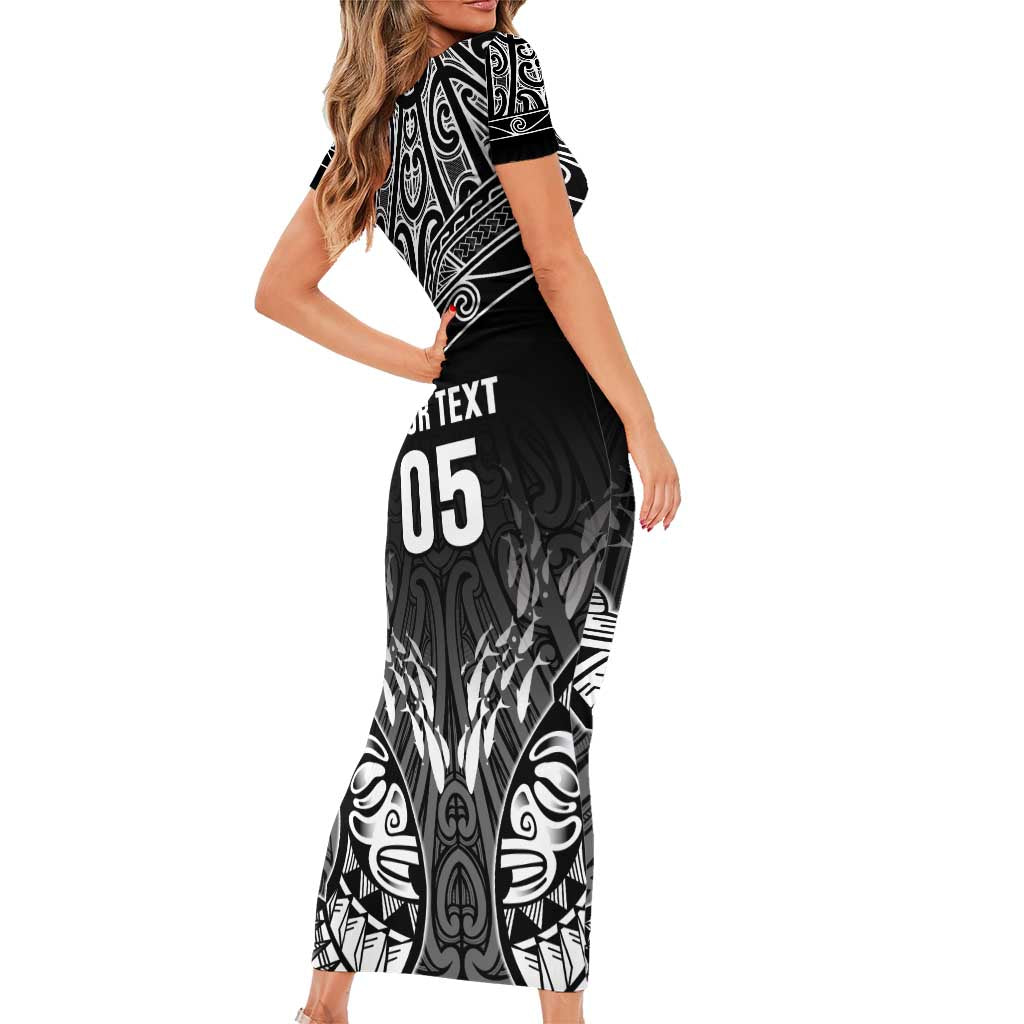 Custom New Zealand Fishing Short Sleeve Bodycon Dress Aotearoa Maori Koru - Polynesian Pride