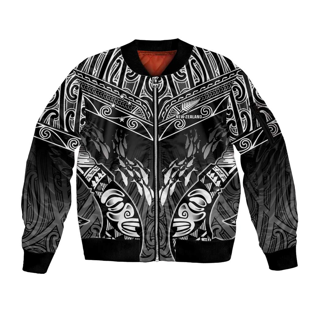 Custom New Zealand Fishing Sleeve Zip Bomber Jacket Aotearoa Maori Koru - Polynesian Pride