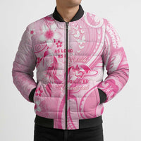 Personalised Memorial Pink Breast Cancer Awareness Bomber Puffer Jacket Plumeria Floral Tribal Pattern - Polynesian Pride