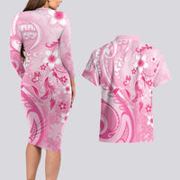 Personalised Memorial Pink Breast Cancer Awareness Couples Matching Long Sleeve Bodycon Dress and Hawaiian Shirt Plumeria Floral Tribal Pattern - Polynesian Pride