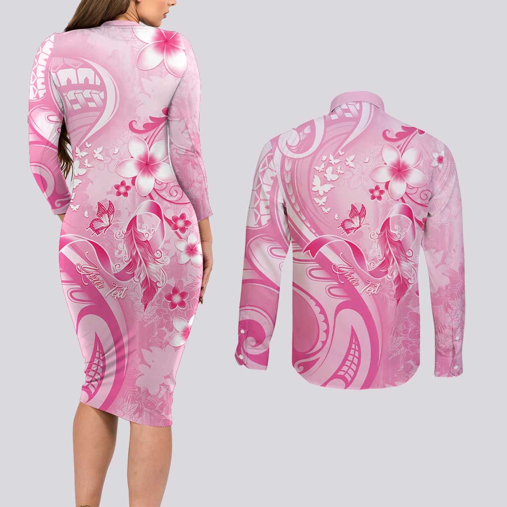 Personalised Memorial Pink Breast Cancer Awareness Couples Matching Long Sleeve Bodycon Dress and Long Sleeve Button Shirt Plumeria Floral Tribal Pattern - Polynesian Pride