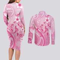 Personalised Memorial Pink Breast Cancer Awareness Couples Matching Long Sleeve Bodycon Dress and Long Sleeve Button Shirt Plumeria Floral Tribal Pattern - Polynesian Pride