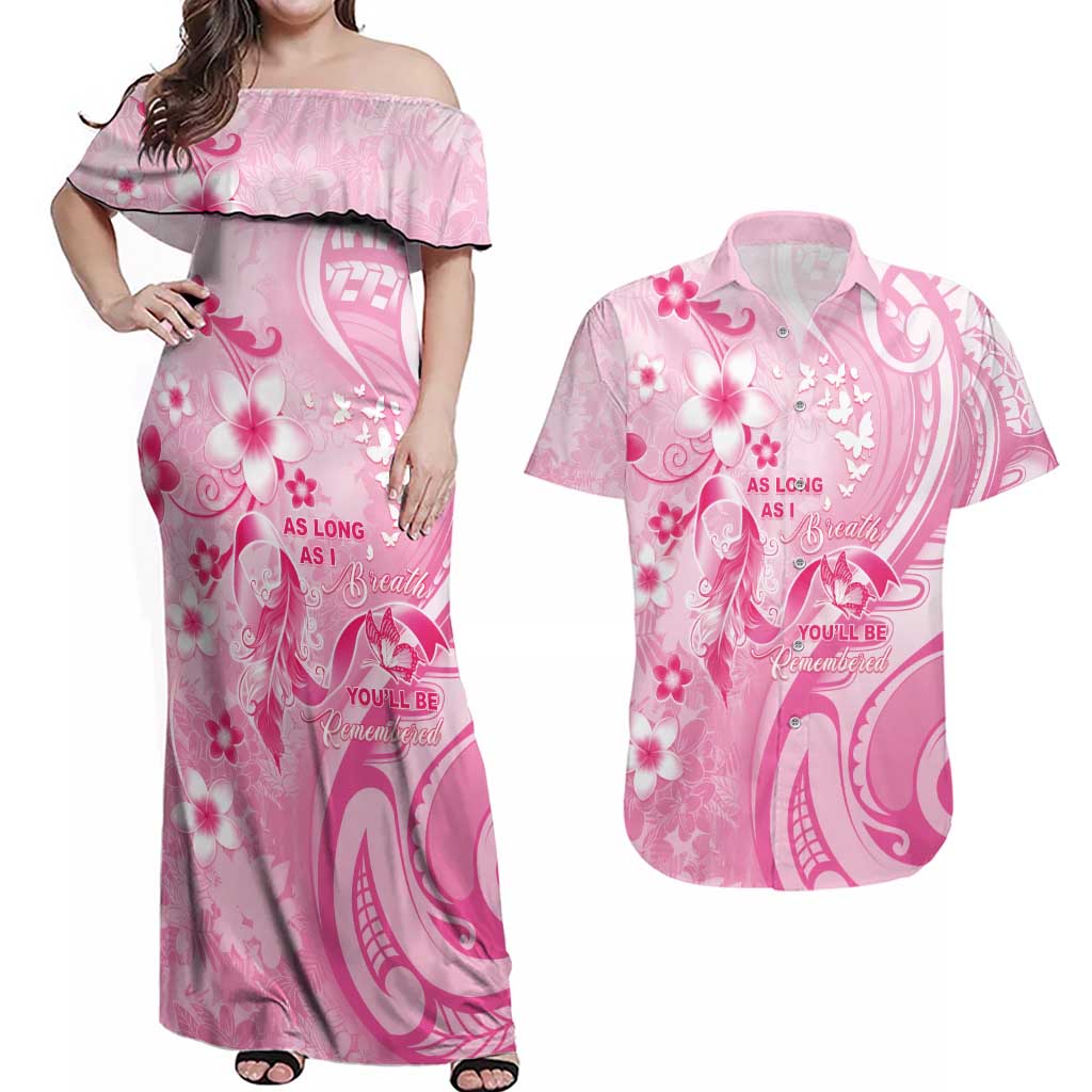 Personalised Memorial Pink Breast Cancer Awareness Couples Matching Off Shoulder Maxi Dress and Hawaiian Shirt Plumeria Floral Tribal Pattern - Polynesian Pride