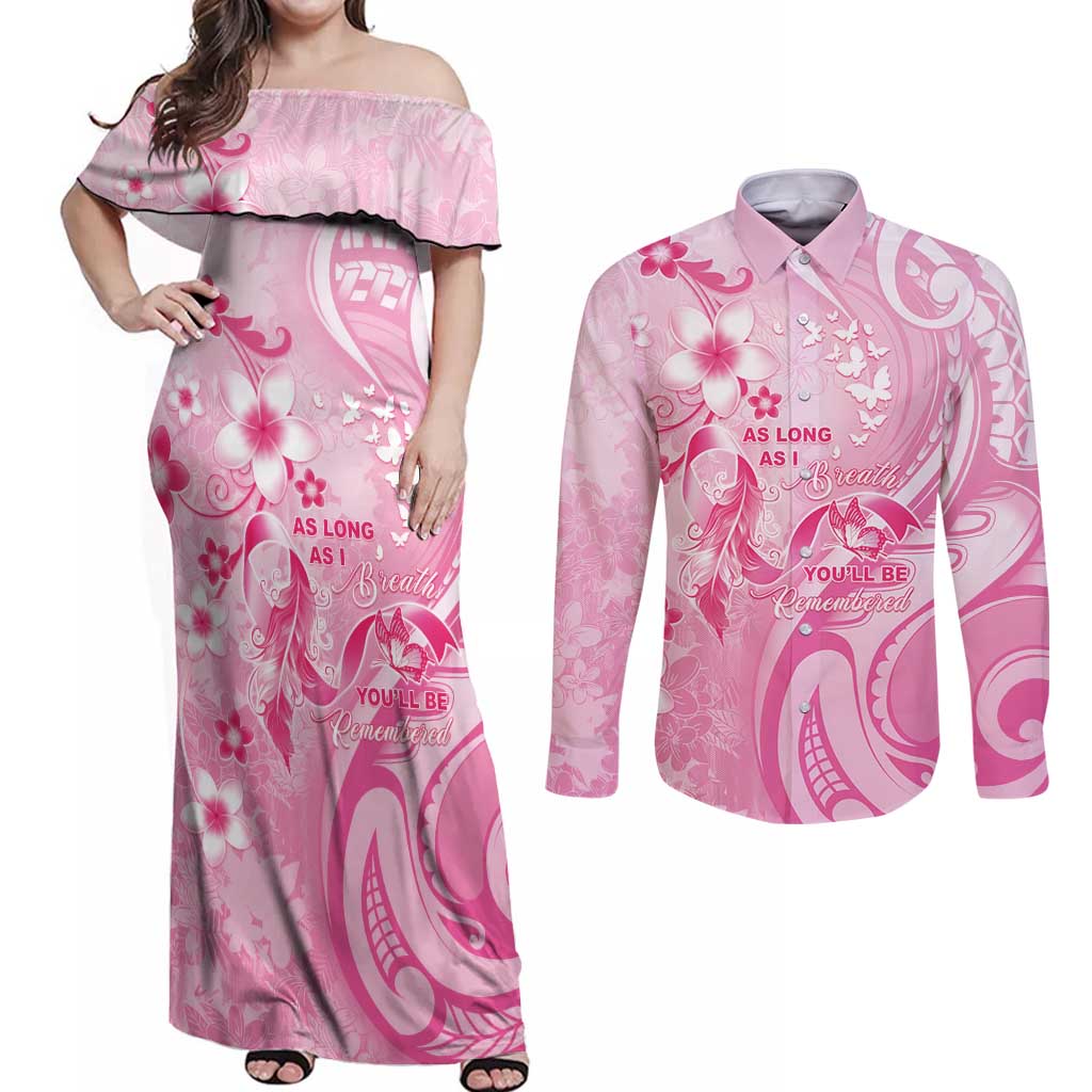 Personalised Memorial Pink Breast Cancer Awareness Couples Matching Off Shoulder Maxi Dress and Long Sleeve Button Shirt Plumeria Floral Tribal Pattern - Polynesian Pride