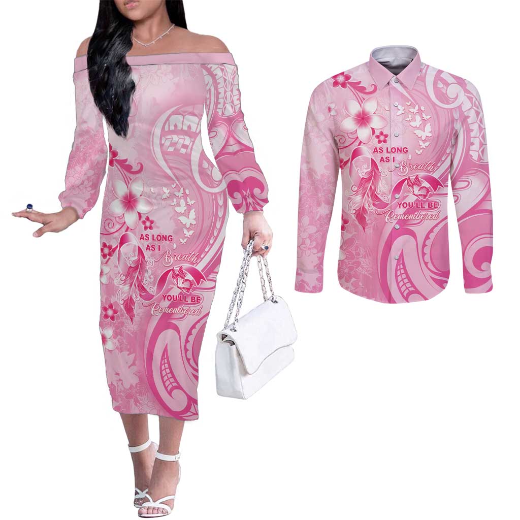 Personalised Memorial Pink Breast Cancer Awareness Couples Matching Off The Shoulder Long Sleeve Dress and Long Sleeve Button Shirt Plumeria Floral Tribal Pattern - Polynesian Pride