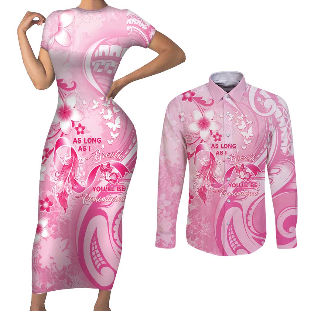 Personalised Memorial Pink Breast Cancer Awareness Couples Matching Short Sleeve Bodycon Dress and Long Sleeve Button Shirt Plumeria Floral Tribal Pattern - Polynesian Pride
