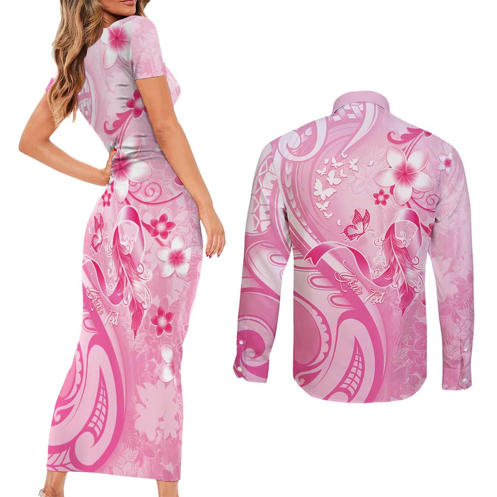 Personalised Memorial Pink Breast Cancer Awareness Couples Matching Short Sleeve Bodycon Dress and Long Sleeve Button Shirt Plumeria Floral Tribal Pattern - Polynesian Pride