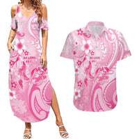 Personalised Memorial Pink Breast Cancer Awareness Couples Matching Summer Maxi Dress and Hawaiian Shirt Plumeria Floral Tribal Pattern - Polynesian Pride