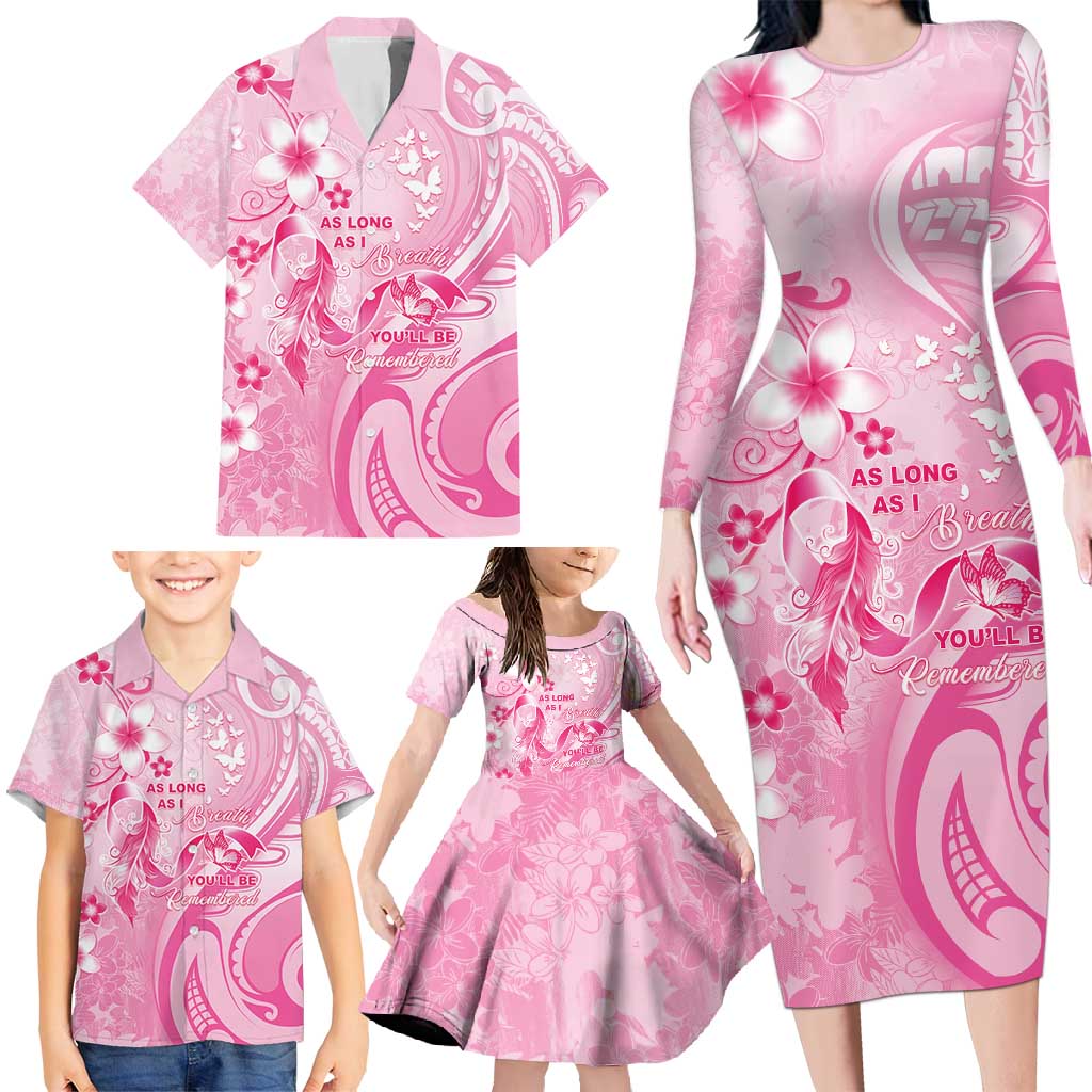 Personalised Memorial Pink Breast Cancer Awareness Family Matching Long Sleeve Bodycon Dress and Hawaiian Shirt Plumeria Floral Tribal Pattern - Polynesian Pride