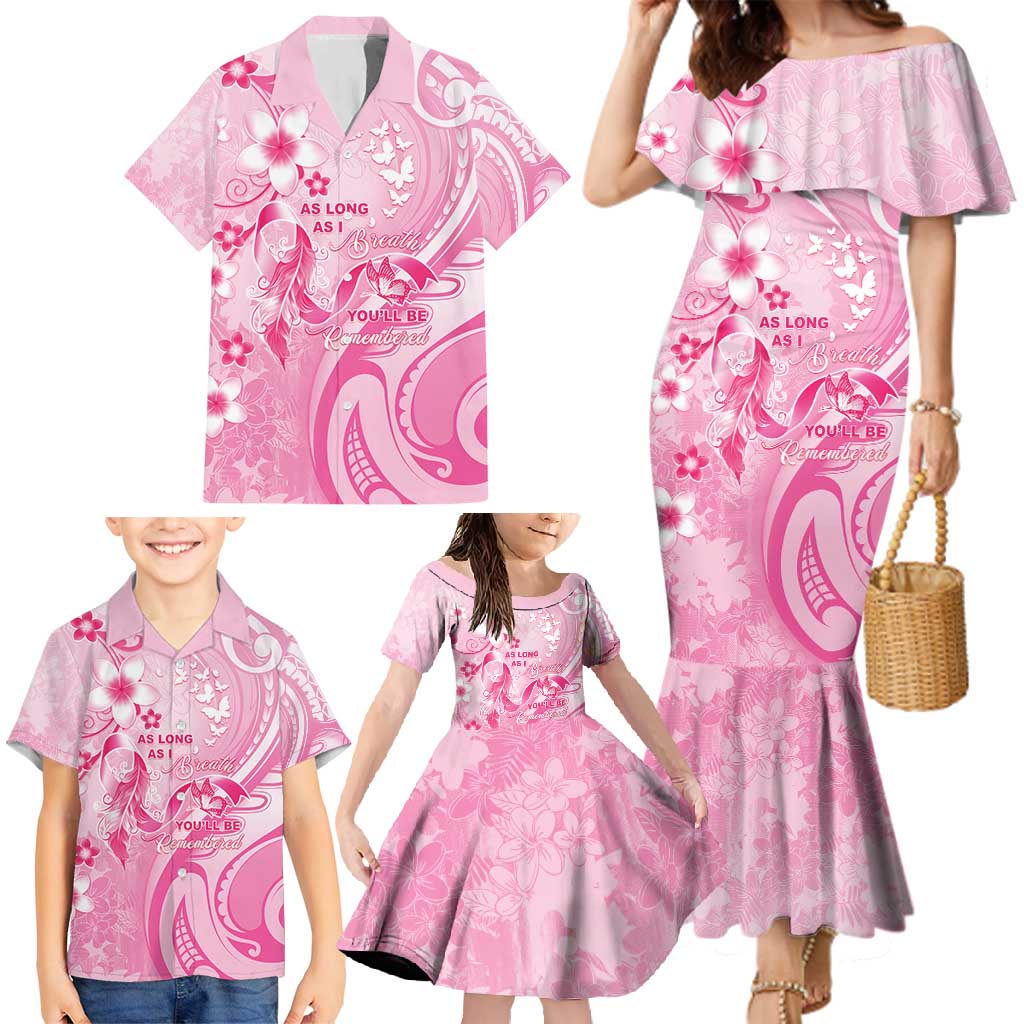 Personalised Memorial Pink Breast Cancer Awareness Family Matching Mermaid Dress and Hawaiian Shirt Plumeria Floral Tribal Pattern - Polynesian Pride