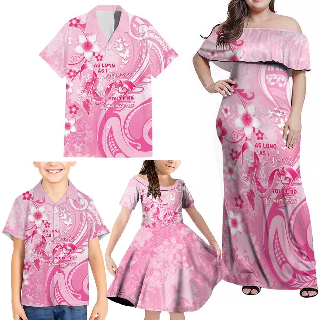 Personalised Memorial Pink Breast Cancer Awareness Family Matching Off Shoulder Maxi Dress and Hawaiian Shirt Plumeria Floral Tribal Pattern - Polynesian Pride