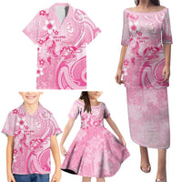 Personalised Memorial Pink Breast Cancer Awareness Family Matching Puletasi and Hawaiian Shirt Plumeria Floral Tribal Pattern - Polynesian Pride