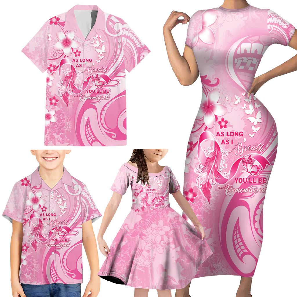 Personalised Memorial Pink Breast Cancer Awareness Family Matching Short Sleeve Bodycon Dress and Hawaiian Shirt Plumeria Floral Tribal Pattern - Polynesian Pride